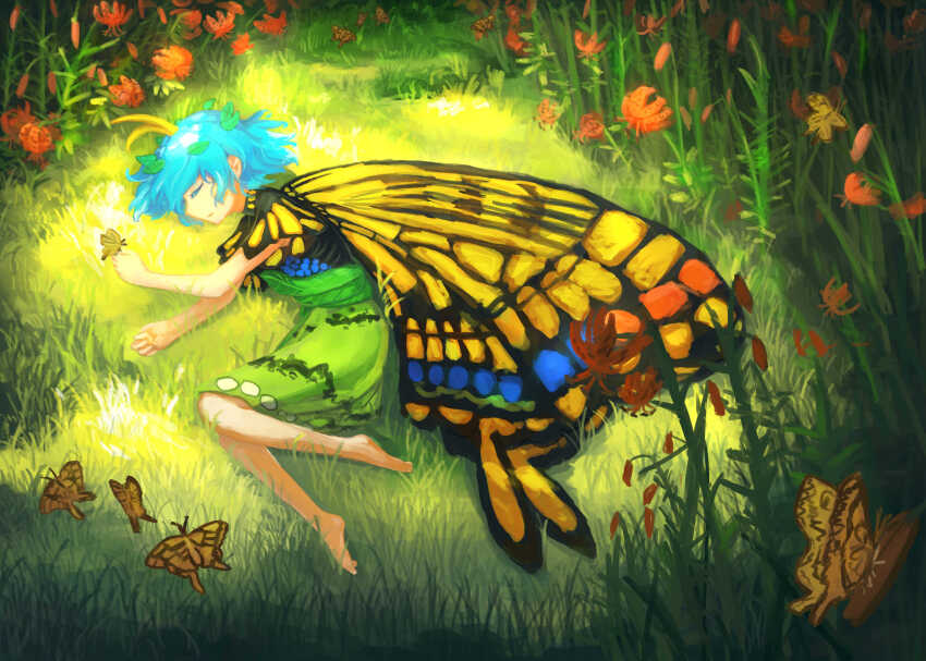 1girl, animal, antennae, aqua_hair, barefoot, bug, butterfly, butterfly_wings, closed_eyes, colored_eyelashes, dress, eternity_larva, fairy, fetal_position, flower, grass, green_dress, highres, insect, insect_wings, leaf, leaf_on_head, lying, multicolored_dress, on_side, orange_flower, ritsuzou, short_hair, short_sleeves, solo, touhou, wings