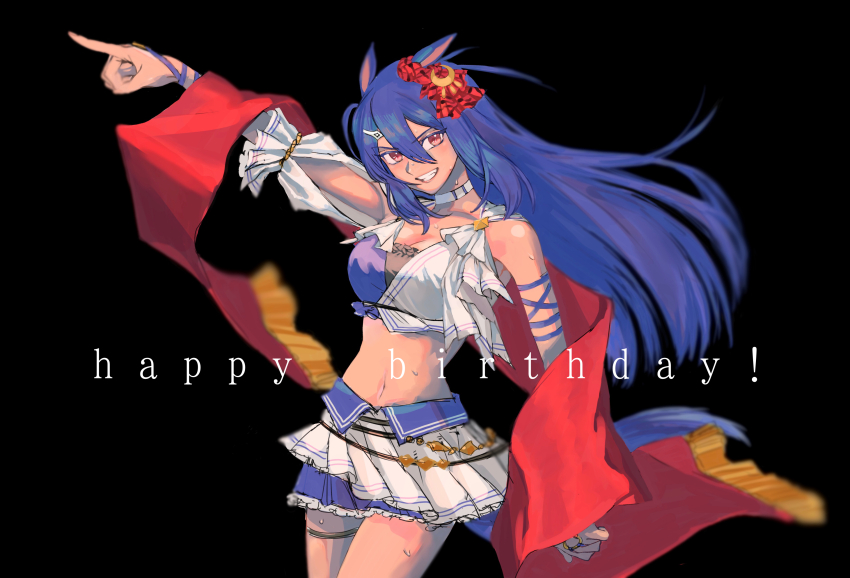 1girl, absurdres, animal_ears, black_background, blue_hair, blurry, breasts, choker