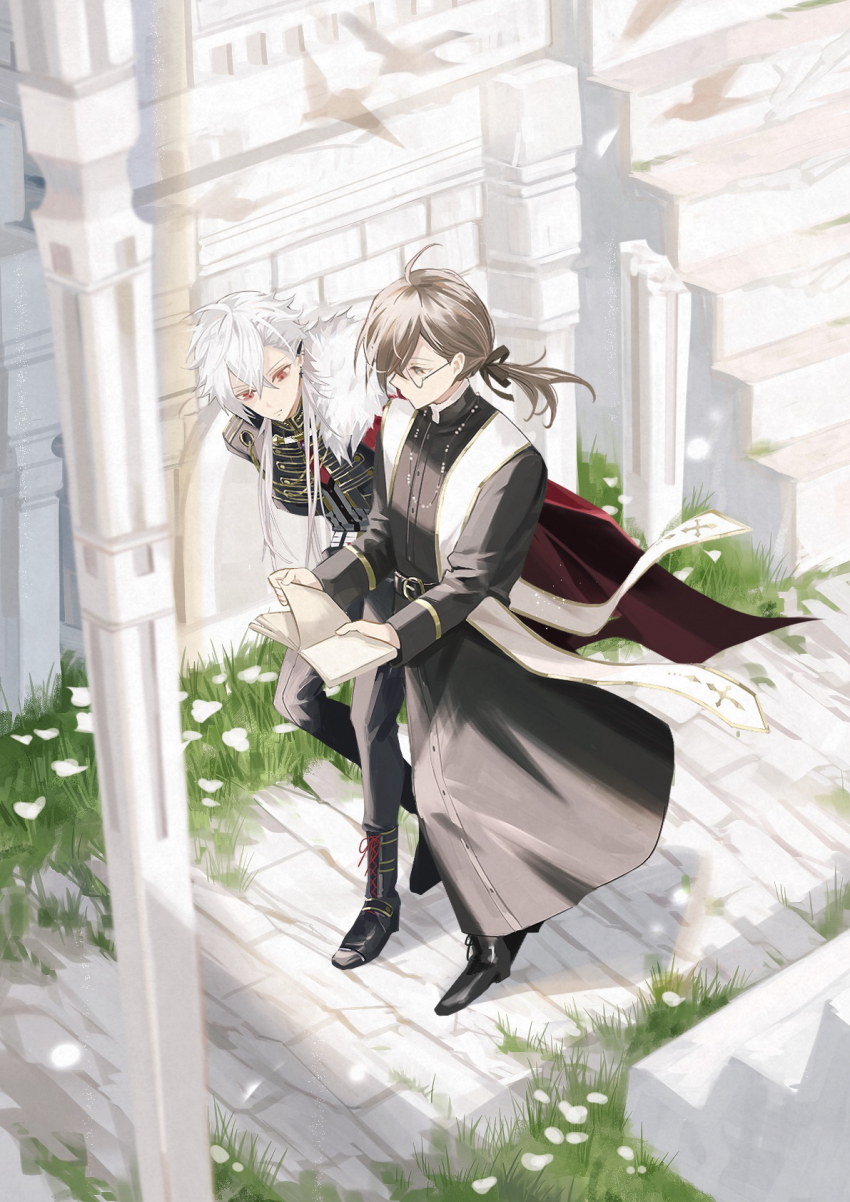 2boys, belt, bird, black_belt, black_footwear, black_jacket, black_pants, black_ribbon