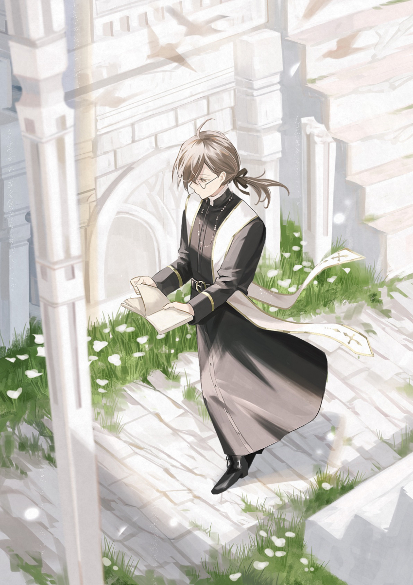 1boy, belt, bird, black_belt, black_boots, black_ribbon, book, boots