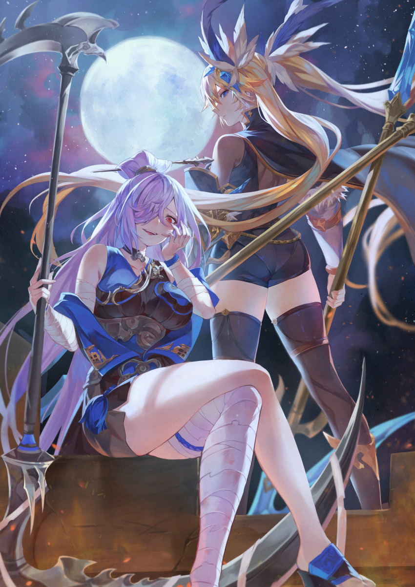 2girls, absurdres, bandaged_arm, bandaged_leg, bandages, black_bodysuit, black_choker, blonde_hair