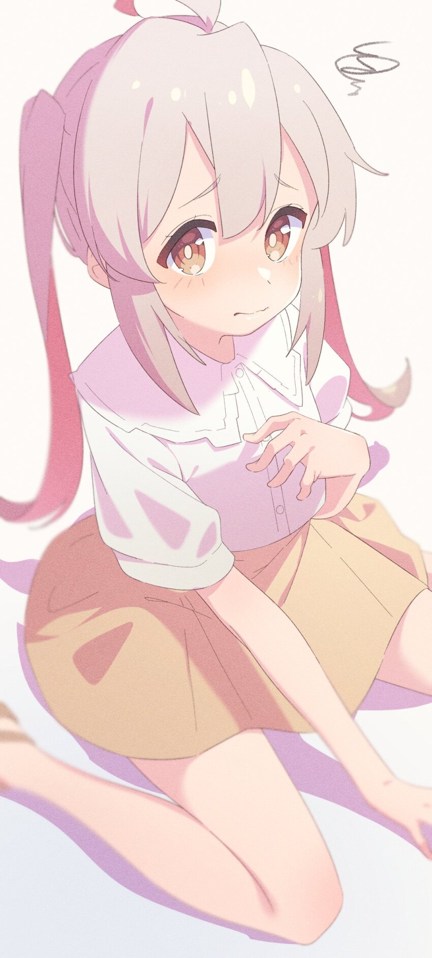 1girl, ahoge, bare_legs, brown_eyes, colored_inner_hair, commentary, grey_hair, hair_between_eyes, highres, long_hair, looking_at_viewer, multicolored_hair, noyk_iv, onii-chan_wa_oshimai!, oyama_mahiro, pink_hair, shirt, short_sleeves, simple_background, sitting, skirt, solo, squiggle, twintails, two-tone_hair, wariza, white_background, white_shirt, yellow_skirt