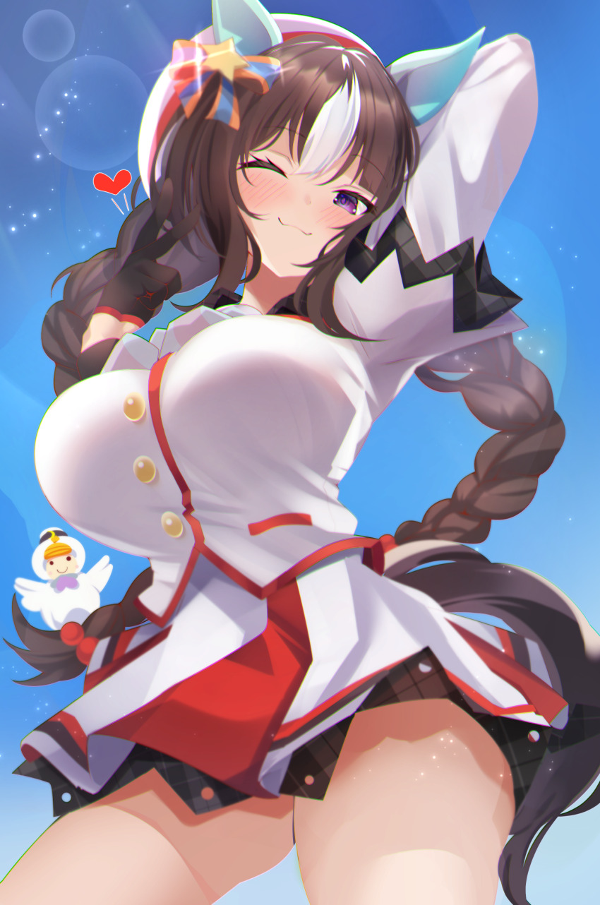 akiba_monaka, arm_up, beret, black_hair, blush, braid, breasts, commentary_request