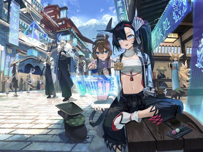 3boys, 3girls, 4koma, 6+girls, :d, alternate_costume, amiya_(arknights), anachronism