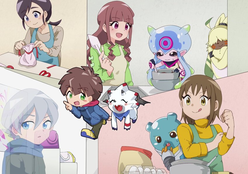 4girls, 5boys, amanokawa_hiro, angoramon, blue_eyes, brown_hair, digimon, digimon_ghost_game, dinosaur, espimon, gammamon, green_eyes, higashimitarai_kiyoshiro, highres, jellyfish, jellyfish_girl, jellymon, kashiwagi_mika, long_hair, monster_girl, multiple_boys, multiple_girls, pink_eyes, rabbit, short_hair, tentacle_hair, tentacles, tsukiyono_ruli, udagawa_aoi, white_hair