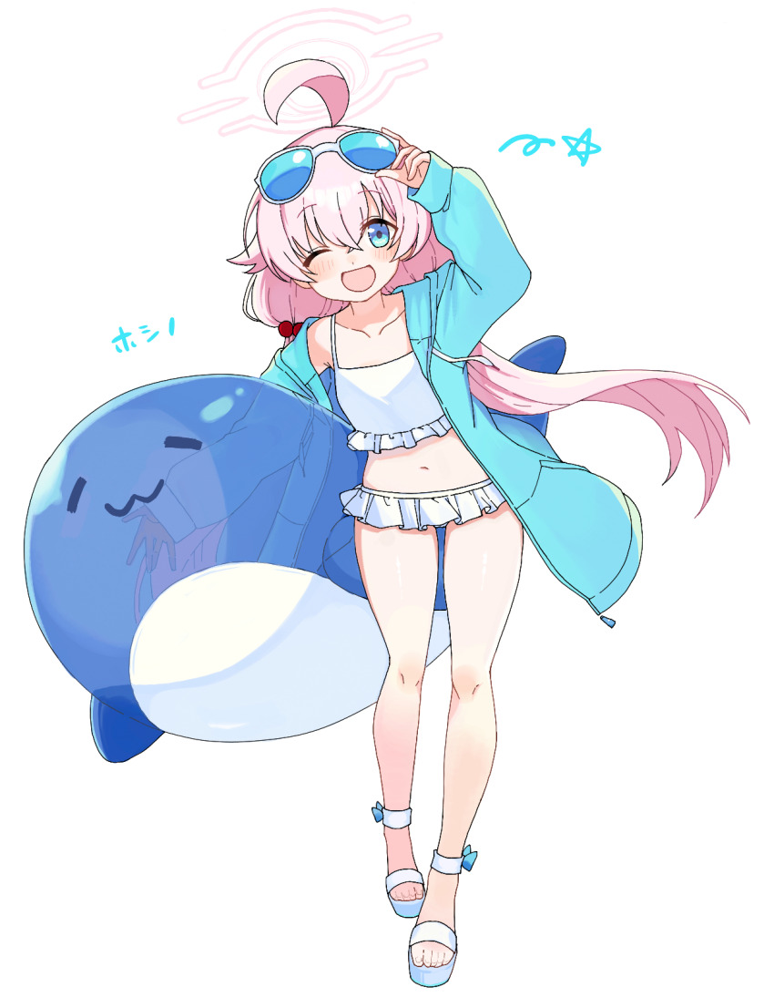 1girl, ;d, ahoge, bikini, bikini_skirt, blue_archive, blue_eyes, blue_jacket