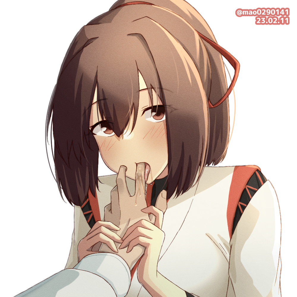 1girl, blush, brown_eyes, brown_hair, dated, finger_in_another's_mouth, hair_between_eyes, ise_(kancolle), ise_kai_ni_(kancolle), japanese_clothes, kantai_collection, licking, licking_finger, m.a.o, one-hour_drawing_challenge, open_mouth, ponytail, saliva, short_hair, simple_background, solo_focus, tongue, tongue_out, twitter_username, upper_body, white_background