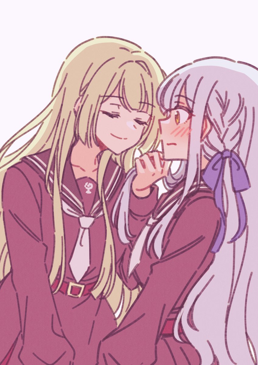 2girls, akamirai, arm_at_side, assault_lily, belt, belt_buckle, blonde_hair, blunt_bangs