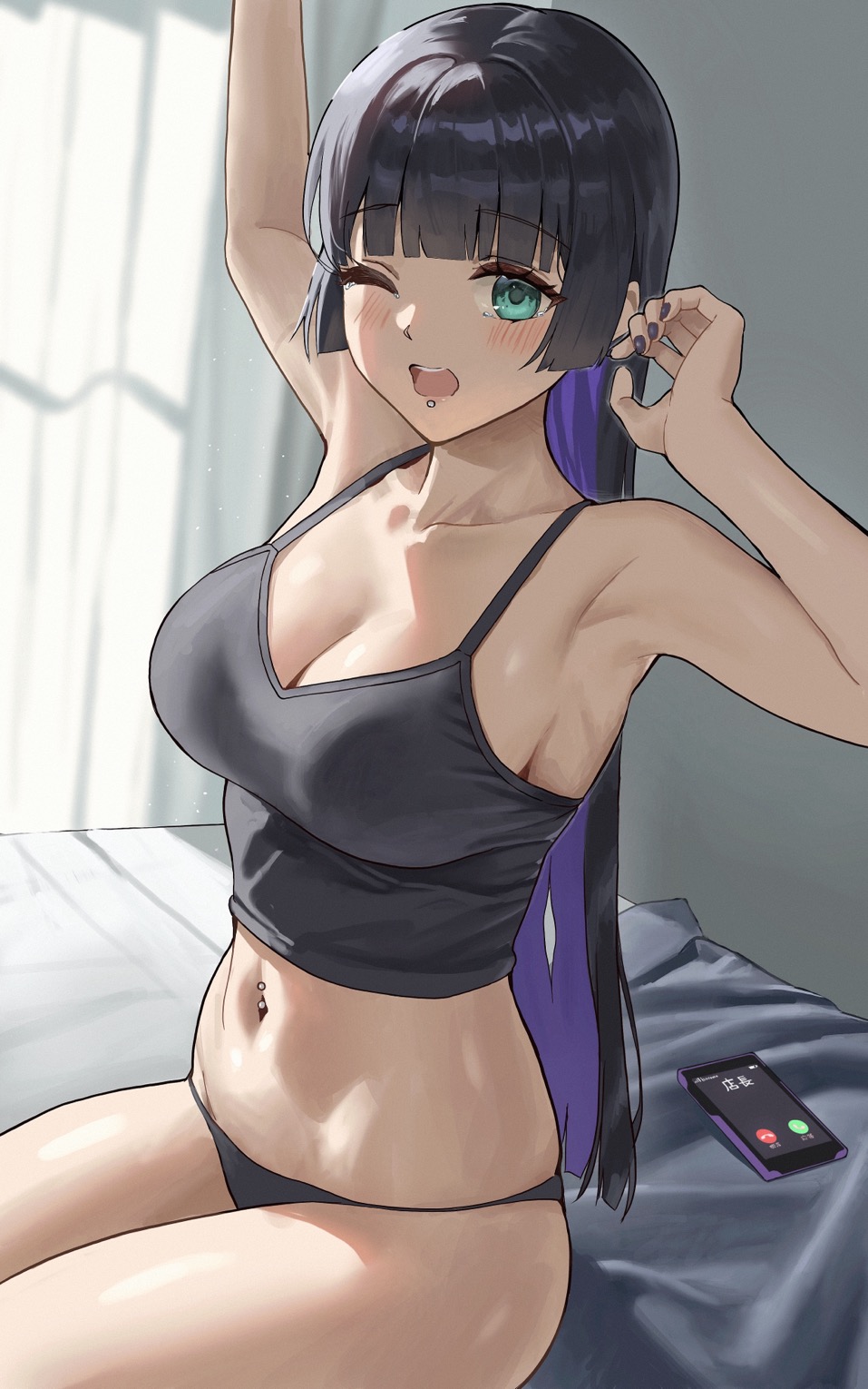 1girl, anteiru, armpits, arms_up, bare_arms, bare_shoulders, black_hair, black_nails