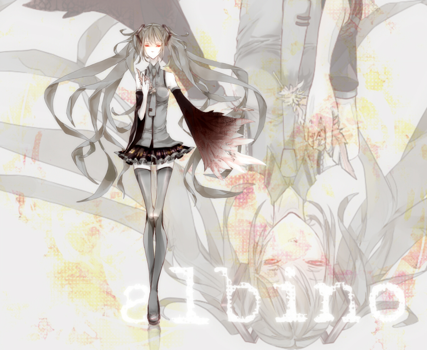 1girl, albino_(vocaloid), alternate_hair_color, bad_id, bad_pixiv_id, boots, detached_sleeves, feathers