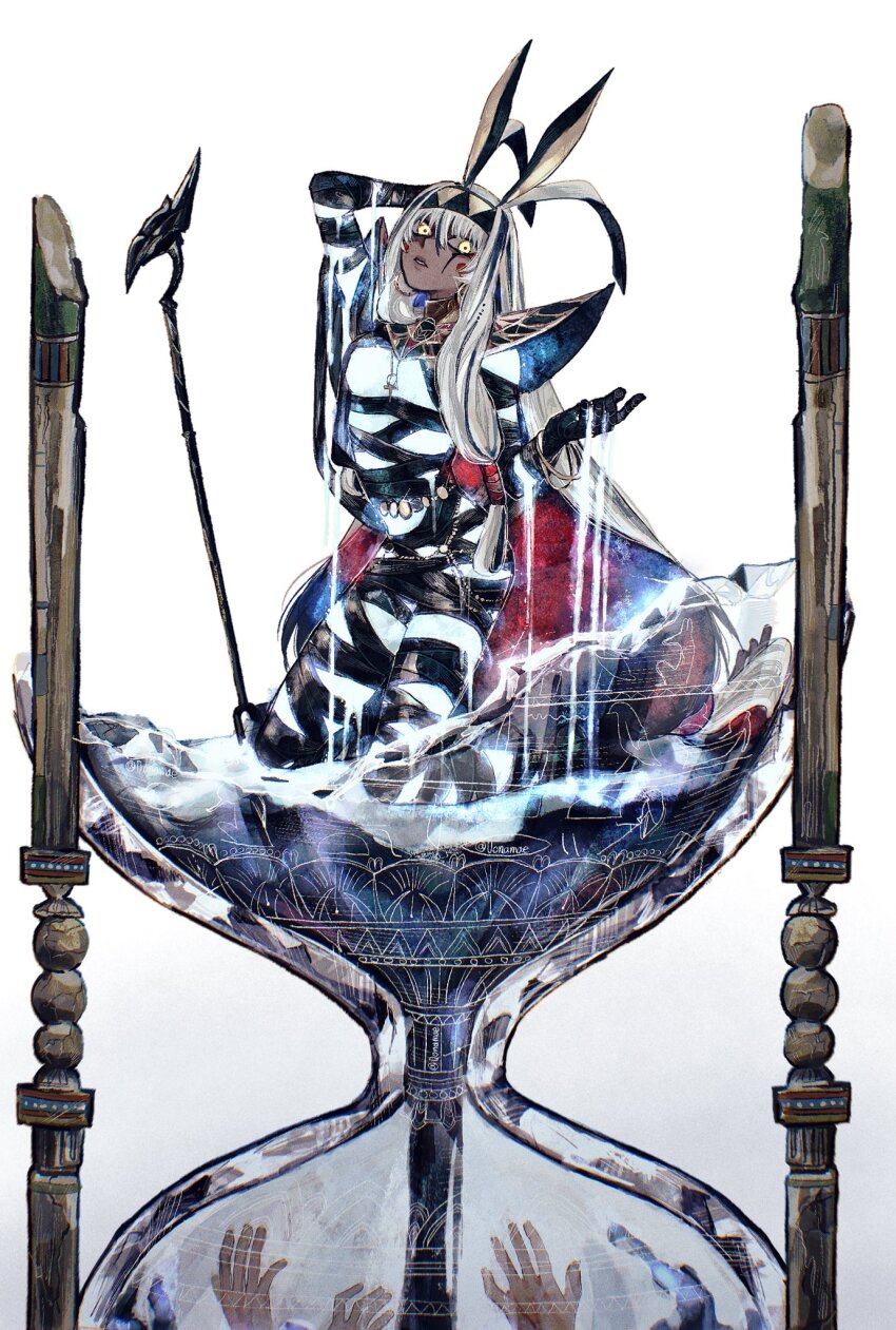 0onamae, 1girl, animal_ears, antenna_hair, dark-skinned_female, dark_skin, fate/grand_order, fate_(series), glowing_skin, highres, hourglass, jackal_ears, nitocris_(fate), nitocris_alter_(fate), nitocris_alter_(first_ascension)_(fate), staff, white_background, white_hair, yellow_eyes