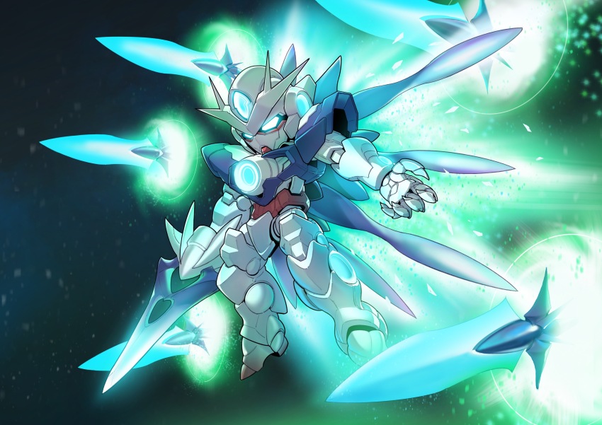 00_qan[t], absurdres, bit_(gundam), blade, blue_eyes, chibi, claws, dagger