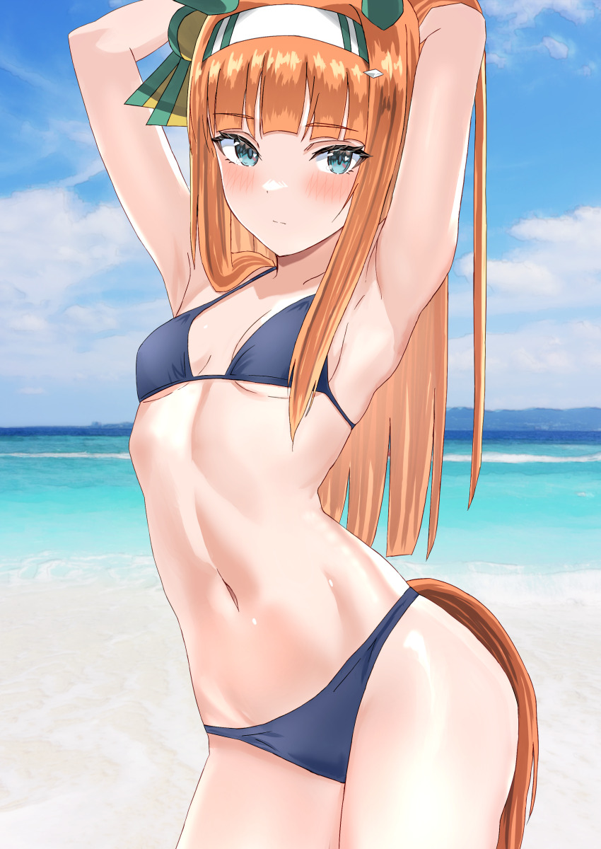 1girl, absurdres, alternate_costume, alumina_(kennmeidesu), animal_ears, beach, bikini, blush
