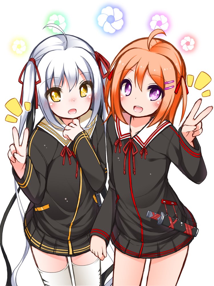 2girls, ahoge, black_dress, black_hair, black_skirt, dress, floral_background, gotou_toushirou_(tenka_hyakken)