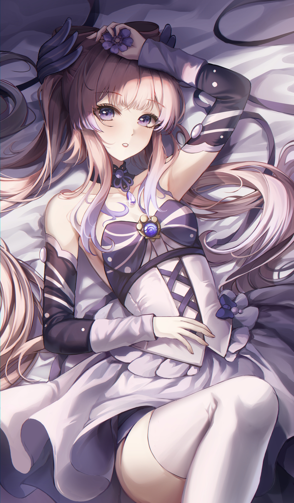 1girl, arm_up, bare_shoulders, black_choker, blue_hair, breasts, choker, detached_sleeves