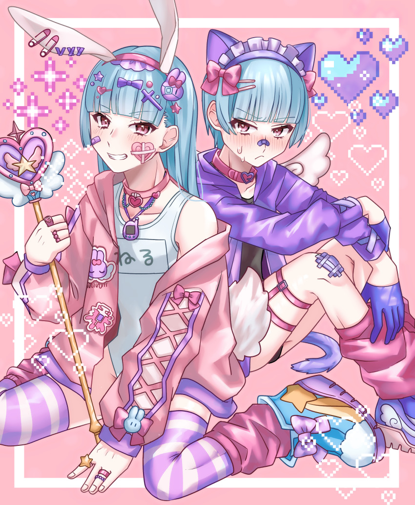 2boys, absurdres, androgynous, animal_ears, bishounen, blue_hair, blush, bow