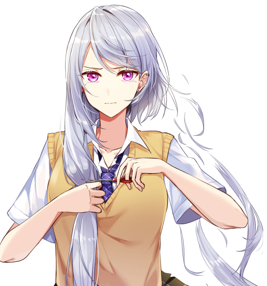 1girl, black_skirt, blue_necktie, breasts, cardigan_vest, collarbone, collared_shirt, cutting_hair