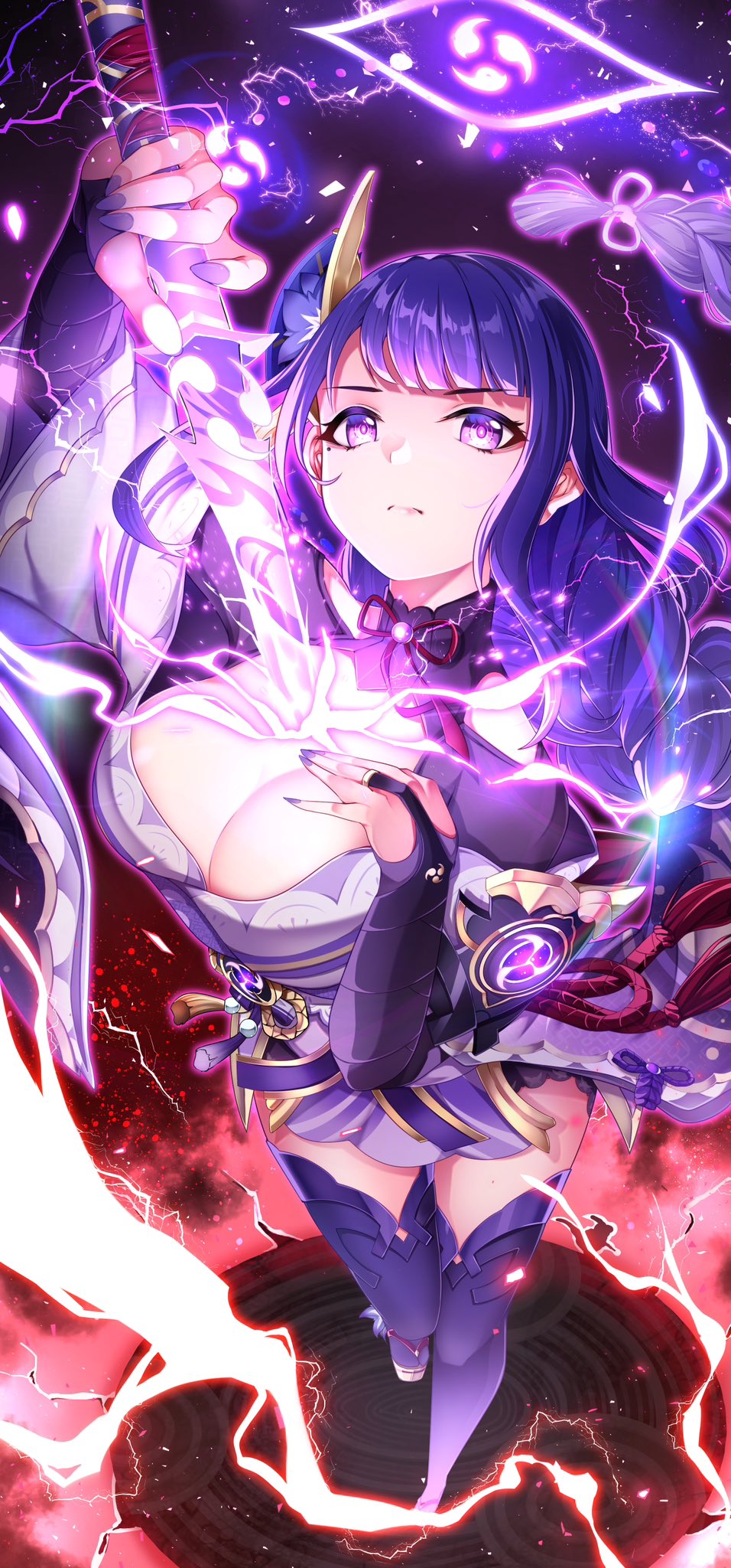 1girl, arm_up, bare_shoulders, belt, black_background, black_gloves, blunt_bangs, bow, bowtie, braid, breasts, brown_sandals, closed_mouth, elbow_gloves, electricity, fan_hair_ornament, fingernails, flower, gem, genshin_impact, gloves, gradient_background, hair_bow, hair_flower, hair_ornament, hand_fan, hand_on_own_chest, hands_up, hero_(10cl3), highres, holding, holding_sword, holding_weapon, japanese_clothes, kimono, large_breasts, leg_up, long_fingernails, long_hair, long_sleeves, looking_at_viewer, mitsudomoe_(shape), mole, mole_under_eye, multicolored_background, nail_polish, off_shoulder, okobo, platform_sandals, purple_background, purple_belt, purple_bow, purple_eyes, purple_flower, purple_gem, purple_hair, purple_kimono, purple_nails, purple_thighhighs, raiden_shogun, red_background, red_bow, red_bowtie, red_ribbon, ribbon, sandals, solo, standing, standing_on_one_leg, sword, tassel, thighhighs, tomoe_(symbol), v-shaped_eyebrows, vision_(genshin_impact), weapon, wide_sleeves
