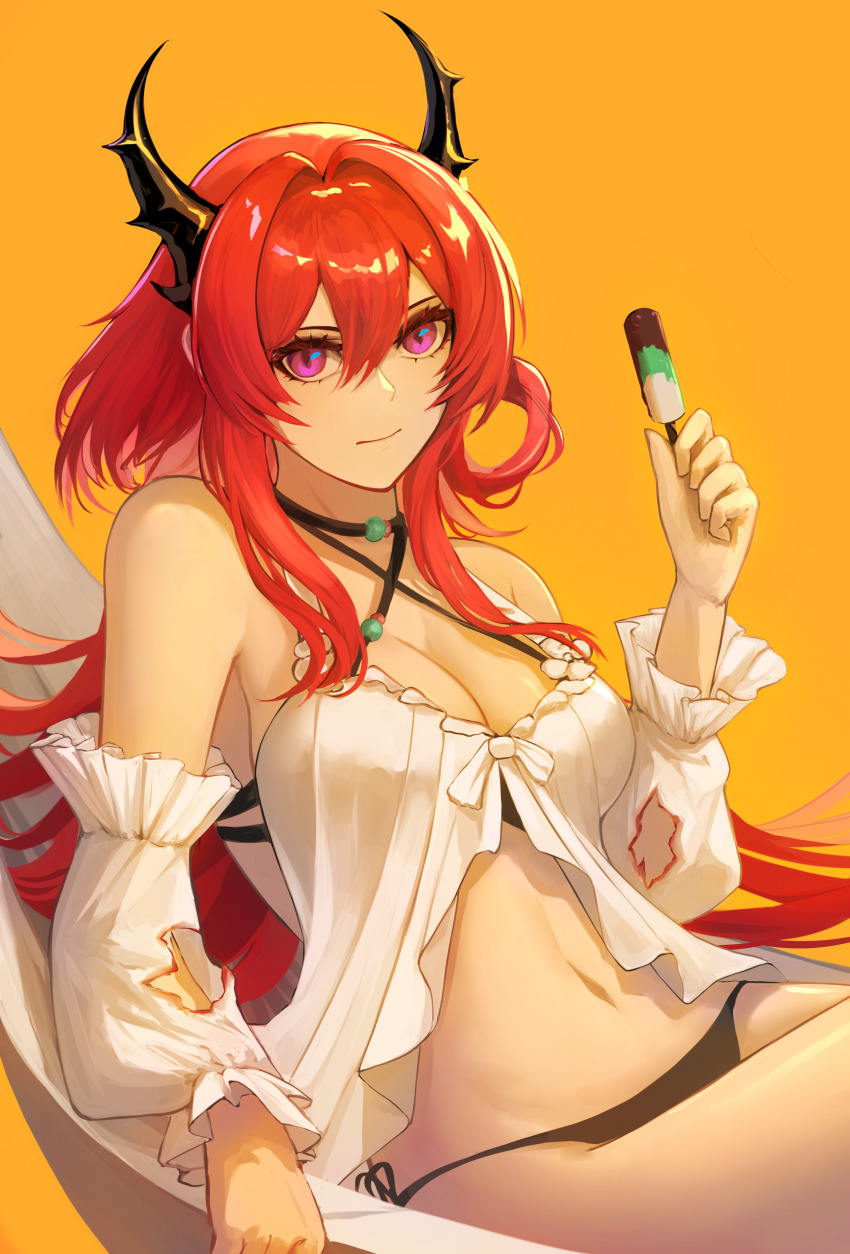 1girl, absurdres, arknights, bare_shoulders, bikini, breasts, cleavage, commentary, criss-cross_halter, detached_sleeves, food, hair_intakes, hair_rings, halterneck, hammock, hand_up, highres, holding, holding_food, horns, large_breasts, long_hair, long_sleeves, looking_at_viewer, lucksup, navel, official_alternate_costume, orange_background, popsicle, purple_eyes, red_hair, side-tie_bikini_bottom, simple_background, sitting, solo, stomach, surtr_(arknights), surtr_(colorful_wonderland)_(arknights), swimsuit, very_long_hair