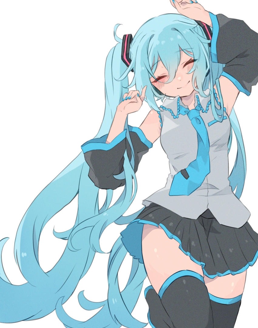 1girl, aqua_hair, aqua_nails, aqua_necktie, arms_up, bare_shoulders, black_boots, black_skirt