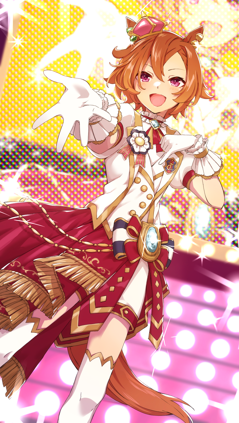 1girl, animal_ears, blush, crown, diffraction_spikes, ear_piercing, feet_out_of_frame, gloves