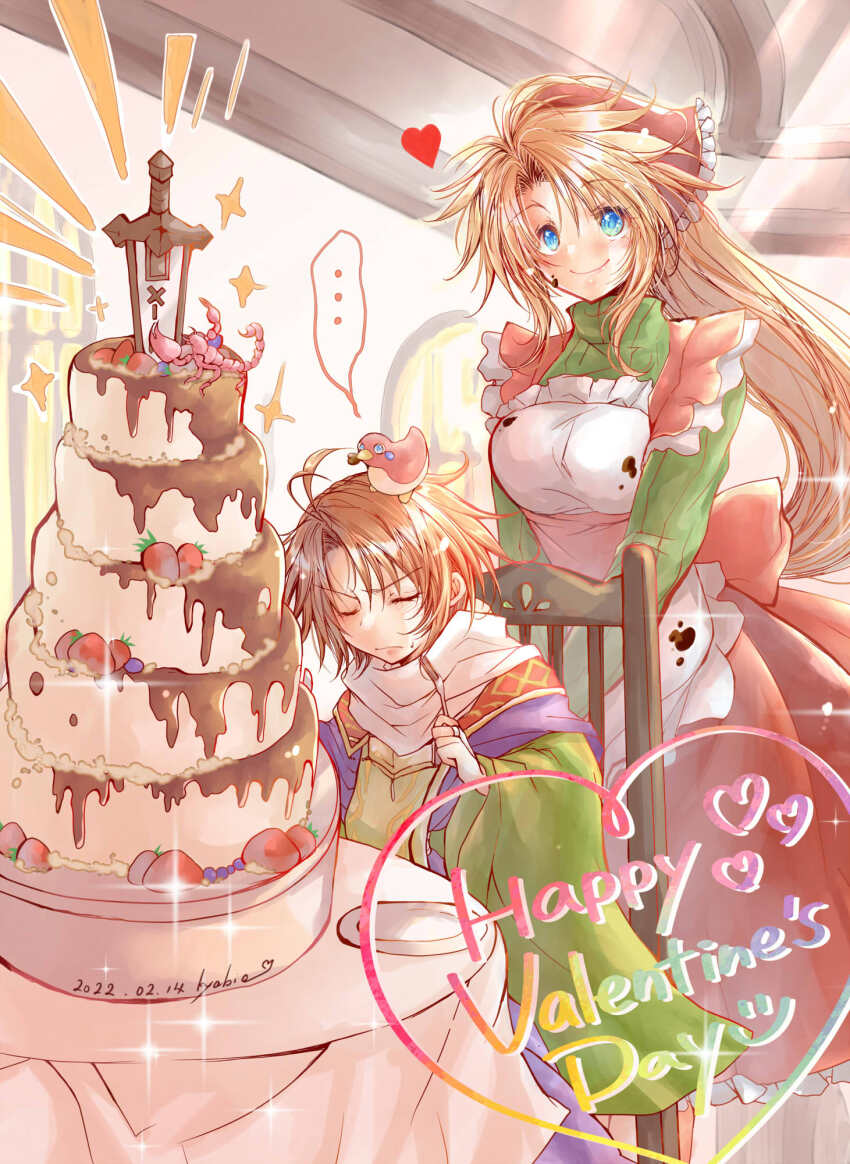 1boy, 1girl, blonde_hair, blue_eyes, breasts, brown_hair, cake, chair
