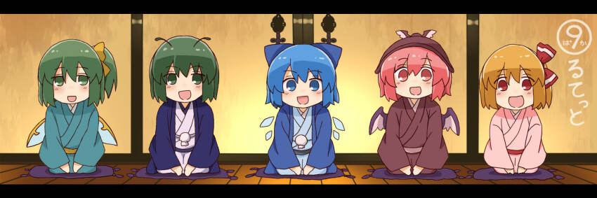 5girls, animal_ears, antennae, aqua_kimono, bird_ears, bird_wings, blonde_hair, blue_bow