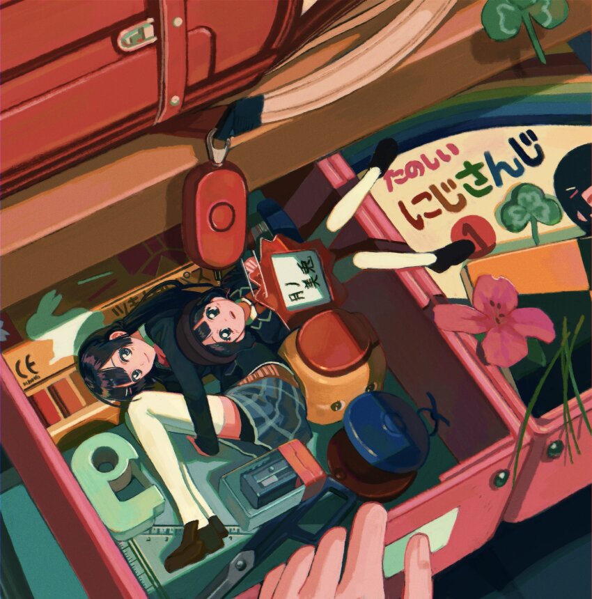 1girl, 2others, backpack, badge, bag, black_eyes, black_hair, black_jacket