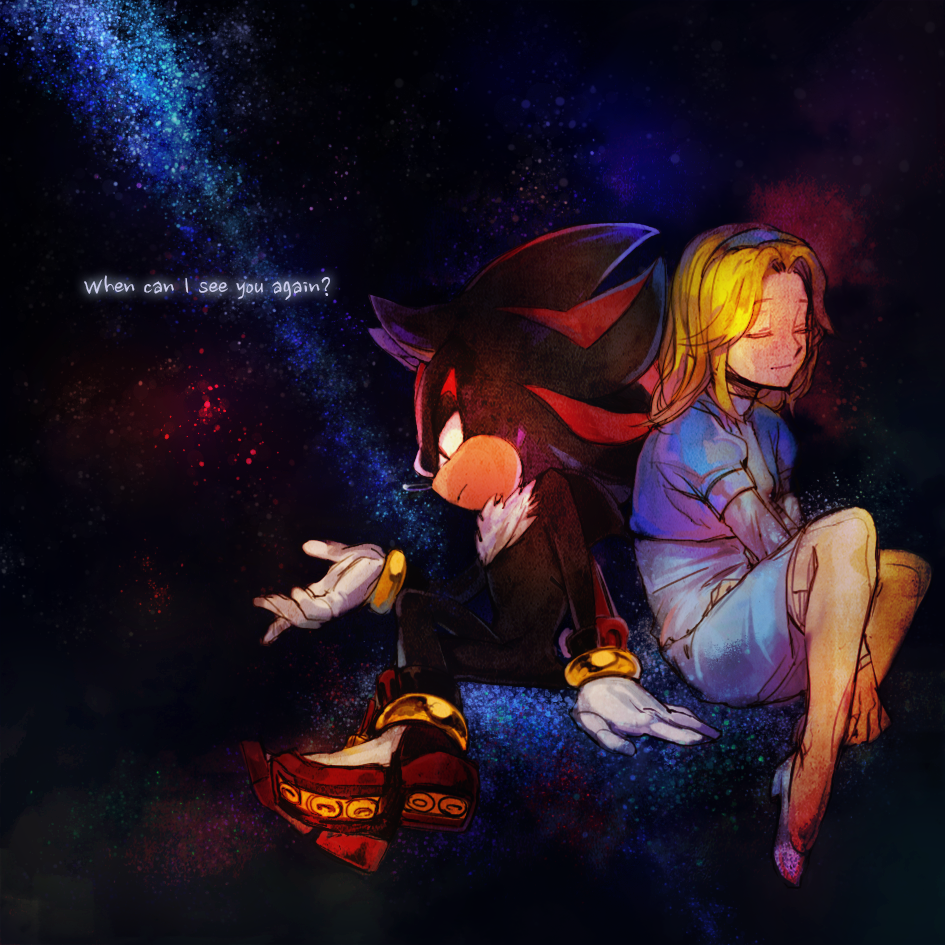 1boy, 1girl, animal_ears, animal_nose, back-to-back, black_fur, black_sky, blonde_hair