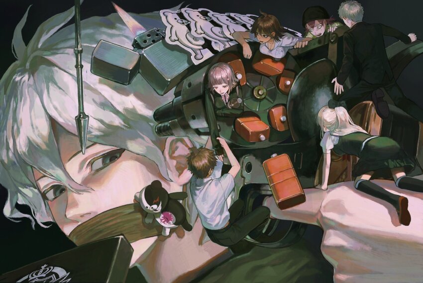 1other, 3girls, 4boys, ahoge, beanie, belt, black_bow, black_hoodie