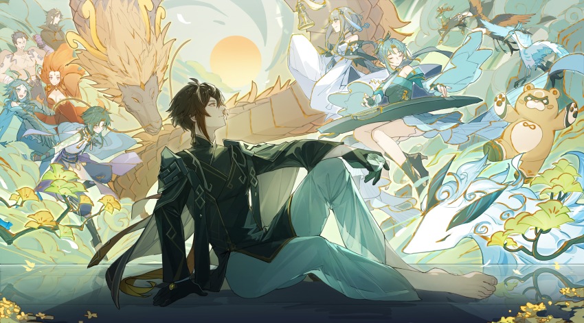 4boys, 4girls, absurdres, arm_tattoo, barefoot, bell, bird, black_footwear, black_gloves, black_jacket, blue_hair, bonanus_(genshin_impact), boots, bosacius_(genshin_impact), branch, brown_eyes, brown_hair, china_dress, chinese_clothes, closed_eyes, closed_mouth, cloud, cloud_retainer_(genshin_impact), crane_(animal), cup, deer, detached_sleeves, dragon, dress, eastern_dragon, extra_arms, feet, fiery_hair, full_body, ganyu_(genshin_impact), ganyu_(qilin)_(genshin_impact), genshin_impact, ginkgo_tree, gloves, green_hair, guizhong_(genshin_impact), guoba_(genshin_impact), hair_between_eyes, highres, holding, holding_cup, indarias_(genshin_impact), instrument, jacket, knee_up, kotatsu_kaya, long_hair, long_sleeves, low_ponytail, madame_ping_(genshin_impact), menogias_(genshin_impact), moon_carver_(genshin_impact), mountain_shaper_(genshin_impact), multicolored_hair, multiple_boys, multiple_girls, no_shoes, pants, parted_bangs, ponytail, profile, purple_hair, qilin_(mythology), red_hair, red_panda, rex_lapis_(genshin_impact), short_hair, sidelocks, sitting, sleeves_past_fingers, sleeves_past_wrists, smile, sun, tattoo, very_long_hair, white_pants, xiangyun, wide_sleeves, xianyun_(genshin_impact), xiao_(genshin_impact), zhongli_(genshin_impact), zither