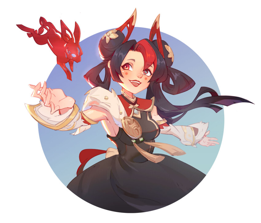 1girl, :d, black_dress, black_hair, blush_stickers, breasts, chinese_commentary, commentary_request