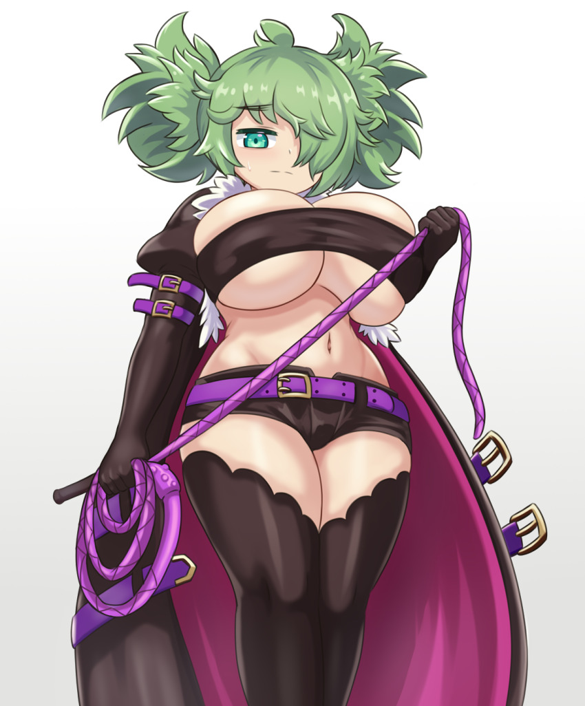 1girl, belt, black_shorts, black_thighhighs, breasts, cape, dark_hunter, dark_hunter_(sekaiju), dark_hunter_5, etrian_odyssey, feet_out_of_frame, green_eyes, green_hair, hair_over_one_eye, highres, holding, holding_whip, huge_breasts, juliet_sleeves, long_sleeves, looking_at_viewer, midori_dakuko, nav_(itsnav), navel, puffy_sleeves, purple_belt, sekaiju_no_meikyuu, sekaiju_no_meikyuu_hd, short_shorts, shorts, shortstack, simple_background, solo, thighhighs, underboob, white_background