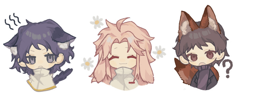 3boys, ?, ahoge, animal_ears, black_jacket, blue_hair, brown_eyes, brown_hair