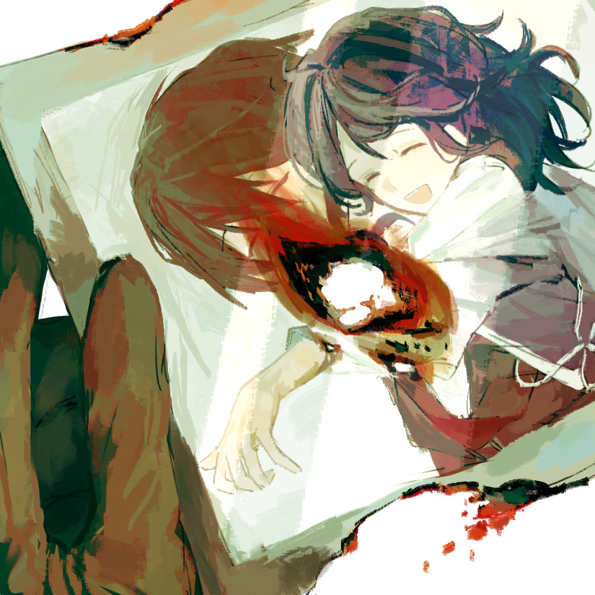 1boy, 1girl, black_hair, brown_gloves, brown_hair, burned_paper, burnt, cardigan