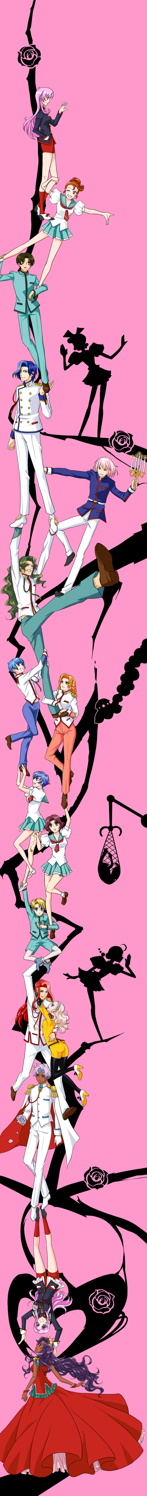 6+boys, 6+girls, absurdres, arisugawa_juri, botan_(botan_y), breast_press, durarara!!, flower, highres, himemiya_anthy, kaoru_kozue, kaoru_miki, kiryuu_nanami, kiryuu_touga, long_image, mikage_souji, multiple_boys, multiple_girls, ootori_akio, pantyhose, parody, pink_theme, rose, saionji_kyouichi, shadow, shinohara_wakaba, shoujo_kakumei_utena, takatsuki_shiori, tall_image, tatsuya_kazami, tenjou_utena, trust_me_(durarara!!), tsuchiya_ruka, tsuwabuki_mitsuru