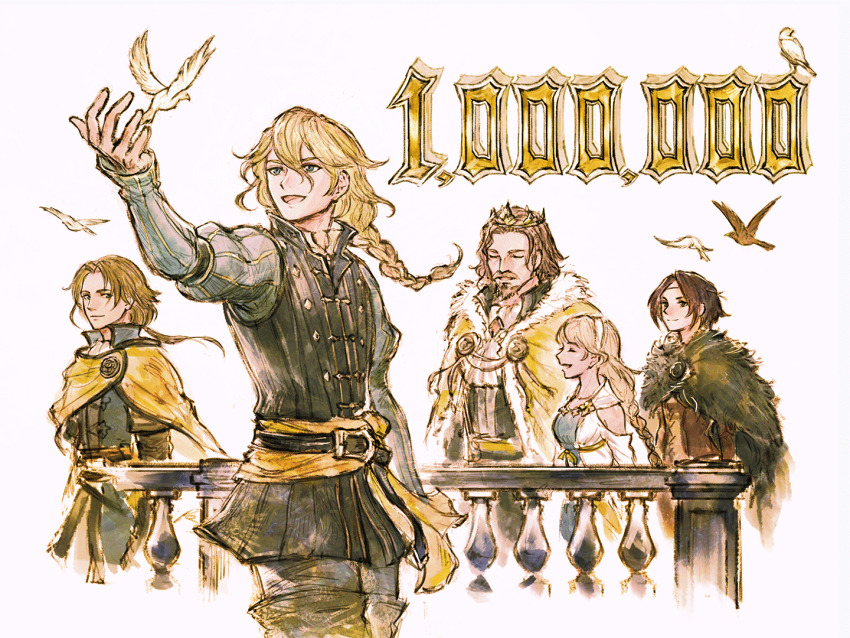 2girls, 3boys, beard, belt, bird, blonde_hair, blue_eyes, brown_hair