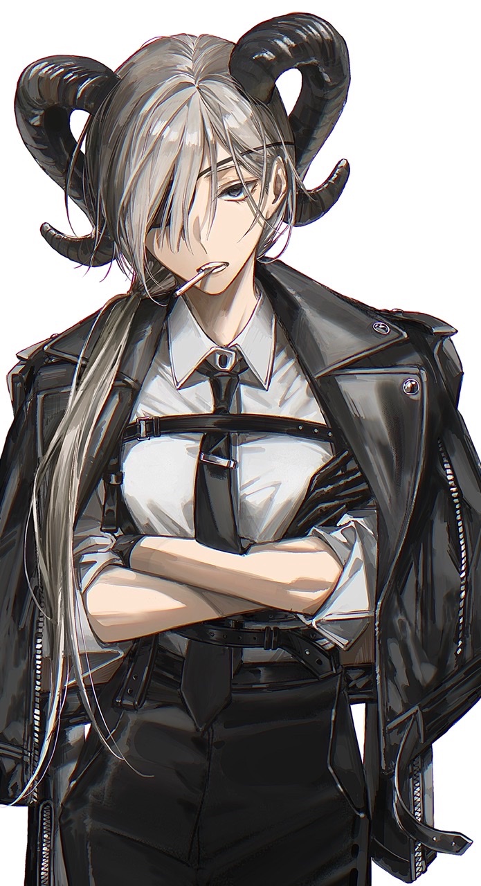1girl, 2_blankk, black_gloves, black_jacket, black_necktie, black_pants, chainsaw_man, chest_belt, cigarette, collared_shirt, crossed_arms, eyepatch, gloves, grey_hair, highres, horns, jacket, jacket_on_shoulders, long_hair, looking_at_viewer, necktie, pants, parted_lips, ponytail, quanxi_(chainsaw_man), rolled, sheep_horns, shirt, shirt_tucked_in, simple_background, solo, white_background, white_shirt