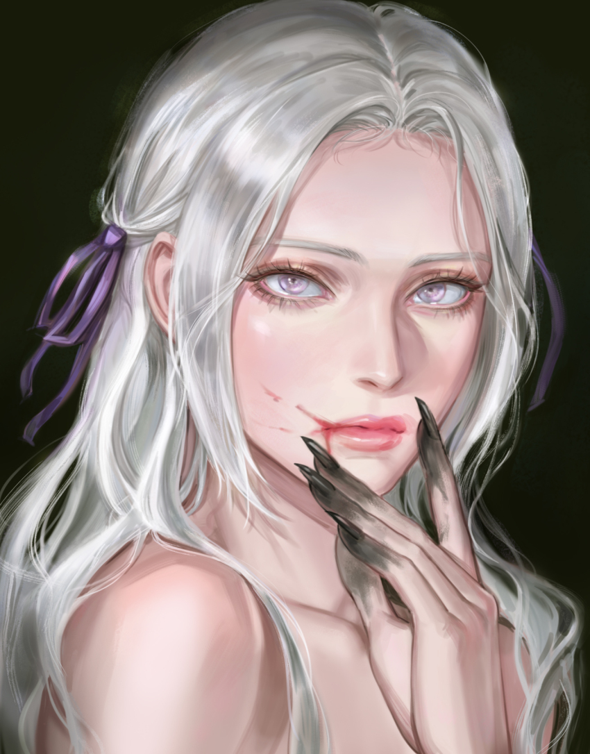 1girl, black_nails, blood, blood_on_face, closed_mouth, edelgard_von_hresvelg, fire_emblem, fire_emblem:_three_houses, hair_ribbon, highres, korean_commentary, lips, long_hair, looking_at_viewer, nintendo, nude, portrait, purple_eyes, purple_ribbon, ribbon, sidelocks, solo, vestradog