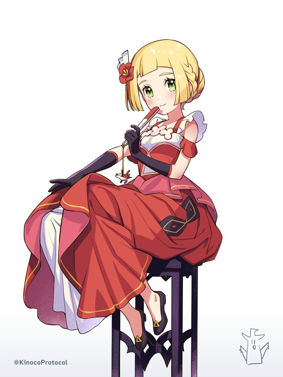 1girl, black_gloves, black_shoes, blonde_hair, blunt_bangs, blush, braid, closed_mouth