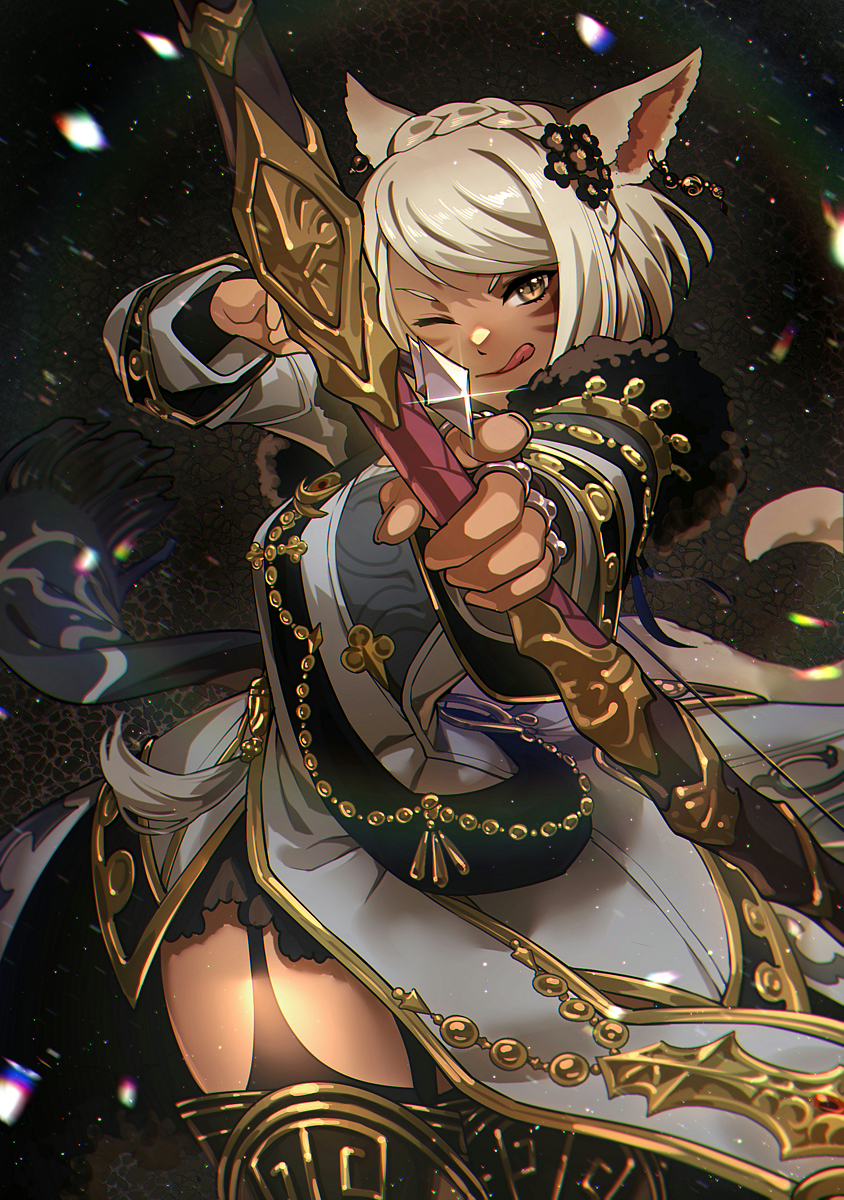 1girl, aiming, aiming_at_viewer, animal_ears, blonde_hair, borrowed_character, bow_(weapon), braid, cat_ears, cat_tail, commission, crown_braid, dark_background, earrings, facial_mark, final_fantasy, final_fantasy_xiv, garter_straps, gold_trim, highres, holding, holding_bow_(weapon), holding_weapon, jewelry, long_sleeves, miqo'te, okuyama, one_eye_closed, skeb_commission, skirt, slit_pupils, solid_eyes, tail, tongue, tongue_out, warrior_of_light_(ff14), weapon