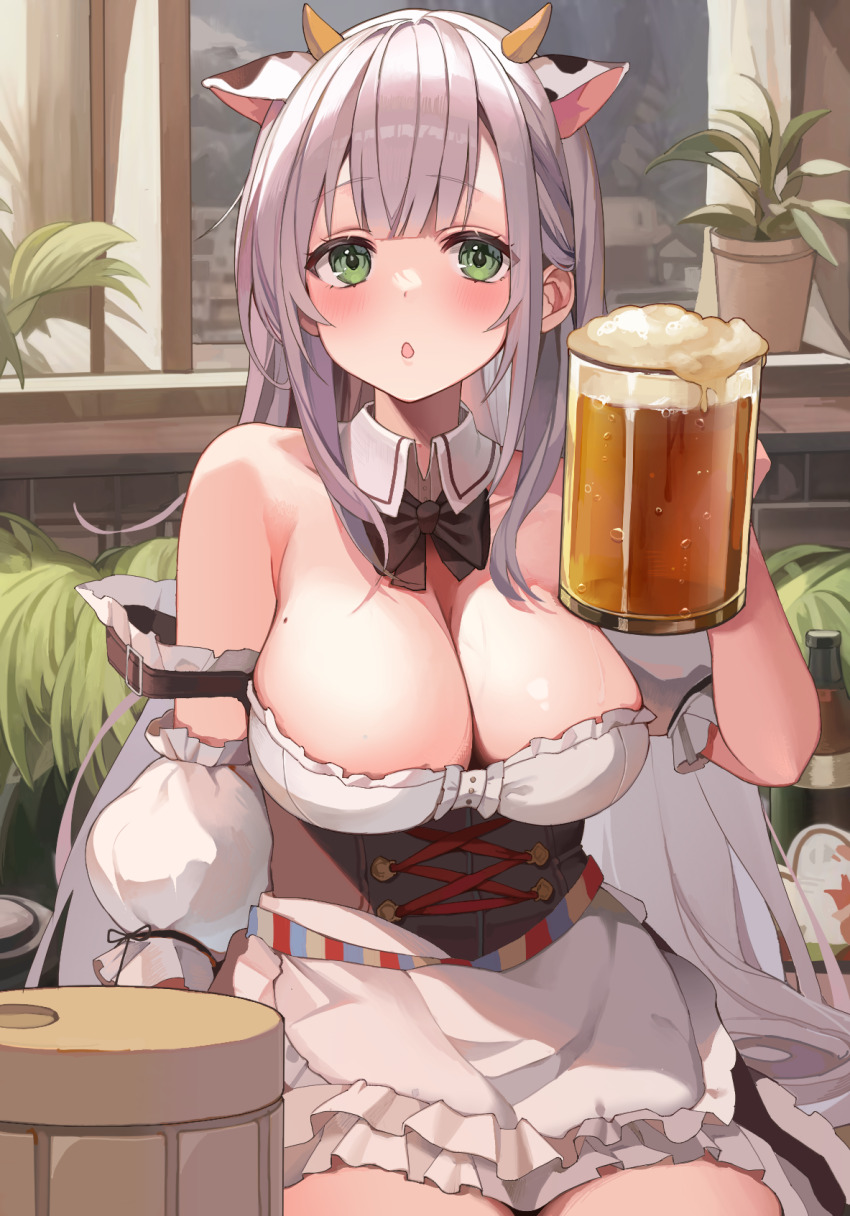 1girl, alcohol, animal_ears, animal_print, apron, architecture, bad_id, bad_pixiv_id, bare_shoulders, beer, beer_mug, black_bow, black_bowtie, blunt_bangs, blush, bottle, bow, bowtie, breasts, chestnut_mouth, cleavage, cow_ears, cow_horns, cow_print, cropped_legs, cup, detached_collar, detached_sleeves, dirndl, dot_nose, drink, frilled_skirt, frills, german_clothes, german_text, green_eyes, grey_hair, hair_behind_ear, highres, holding, holding_cup, holding_drink, hololive, horns, large_breasts, long_hair, looking_at_viewer, mole, mole_on_breast, momomiya, mug, official_alternate_costume, official_alternate_hair_length, official_alternate_hairstyle, open_mouth, plant, puffy_detached_sleeves, puffy_sleeves, shirogane_noel, shirogane_noel_(dirndl), sitting, skirt, solo, upper_body, virtual_youtuber, waist_apron, white_apron, window, wrist_cuffs