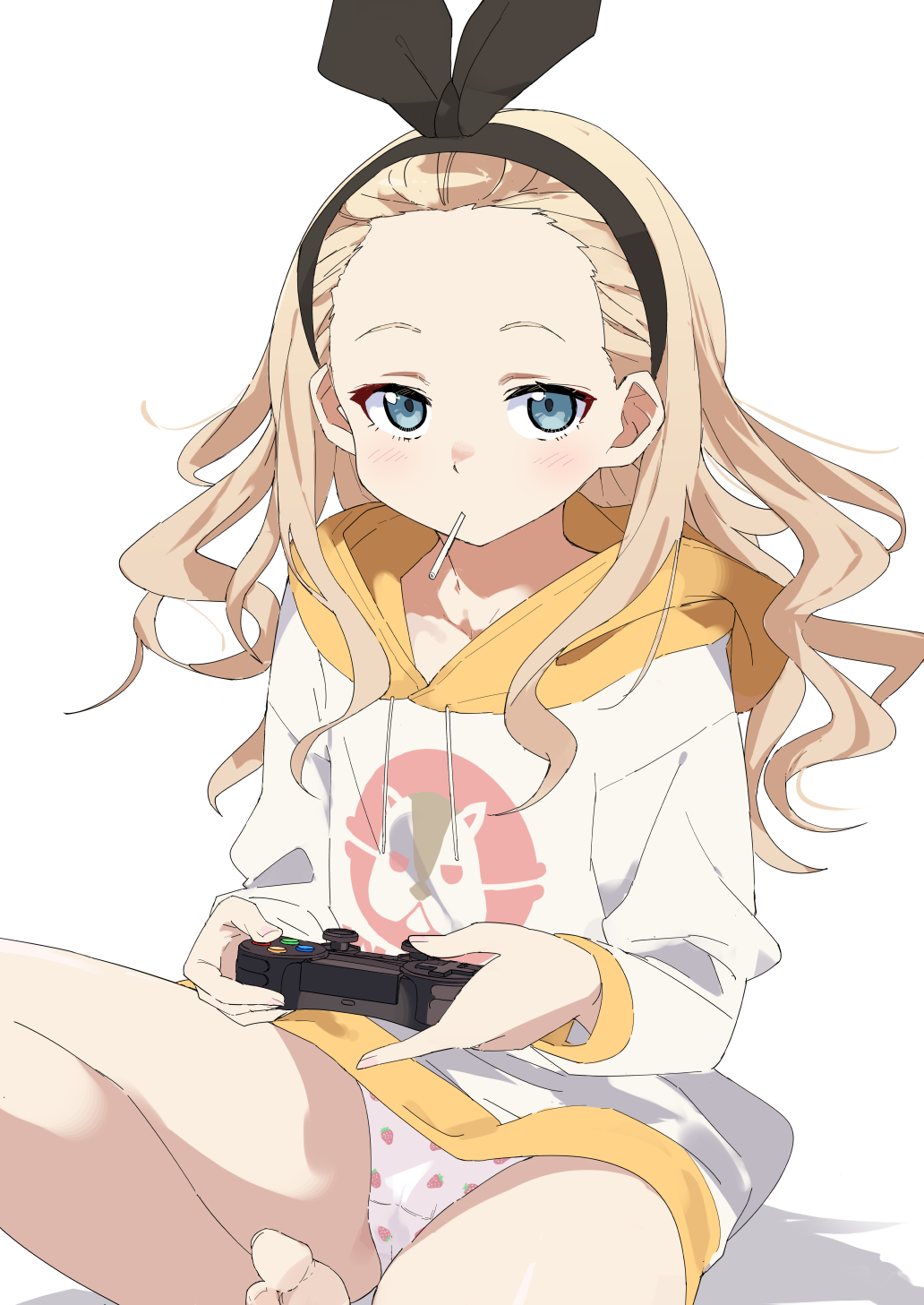 1girl, bangs_pinned_back, bare_legs, barefoot, bitto_(arnagle), blonde_hair, blue_eyes, blush, candy, collarbone, commentary_request, controller, feet, food, food_in_mouth, food_print, forehead, fruit_print, game_controller, hairband, highres, hood, hoodie, kurumi_(lycoris_recoil), lollipop, long_hair, long_sleeves, looking_at_viewer, lycoris_recoil, panties, print_panties, sitting, solo, strawberry_panties, strawberry_print, toes, underwear, wavy_hair, white_hoodie