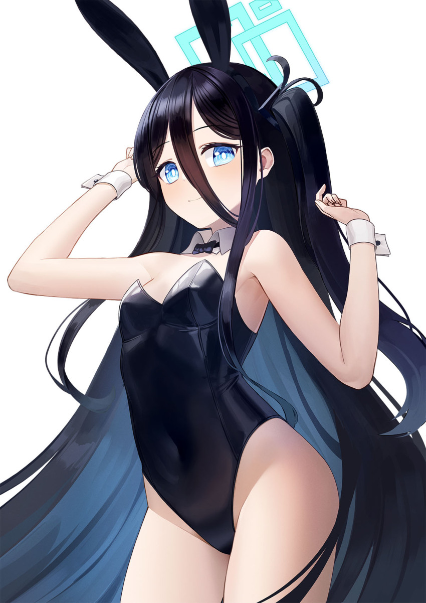 1girl, animal_ears, aris_(blue_archive), arm_up, bare_shoulders, black_bow, black_bowtie, black_hair