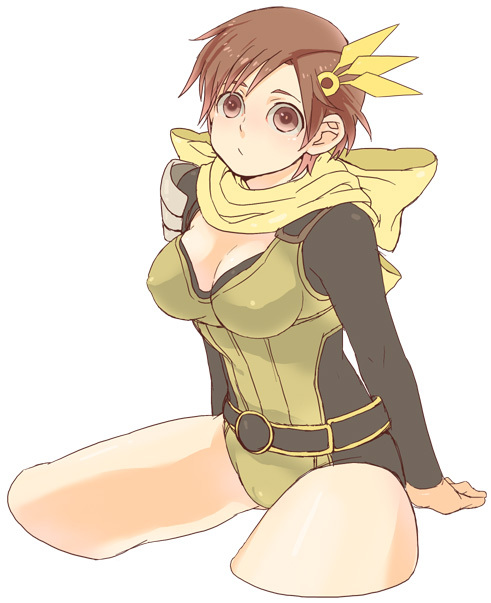 1girl, bodysuit, breasts, brown_eyes, brown_hair, female_focus, hair_ornament, kzouzou