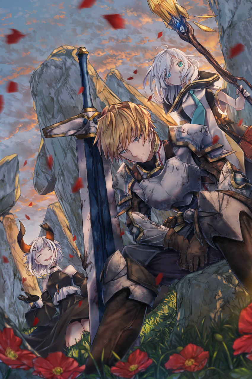 1boy, 2girls, absurdres, aqua_eyes, armor, ars_almal, black_dress, black_gloves