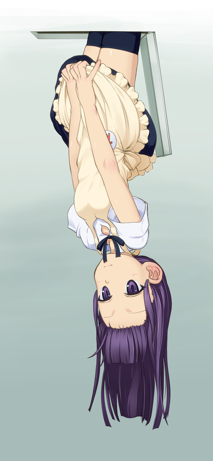 1girl, apron, bad_id, bad_pixiv_id, black_thighhighs, blunt_bangs, blush, covering_crotch, covering_privates, female_focus, hairline, highres, hime_cut, long_hair, purple_eyes, purple_hair, simple_background, skirt, skirt_tug, solo, takeda_yukimura, thighhighs, trap_door, upside-down, waitress, working!!, yamada_aoi, zettai_ryouiki