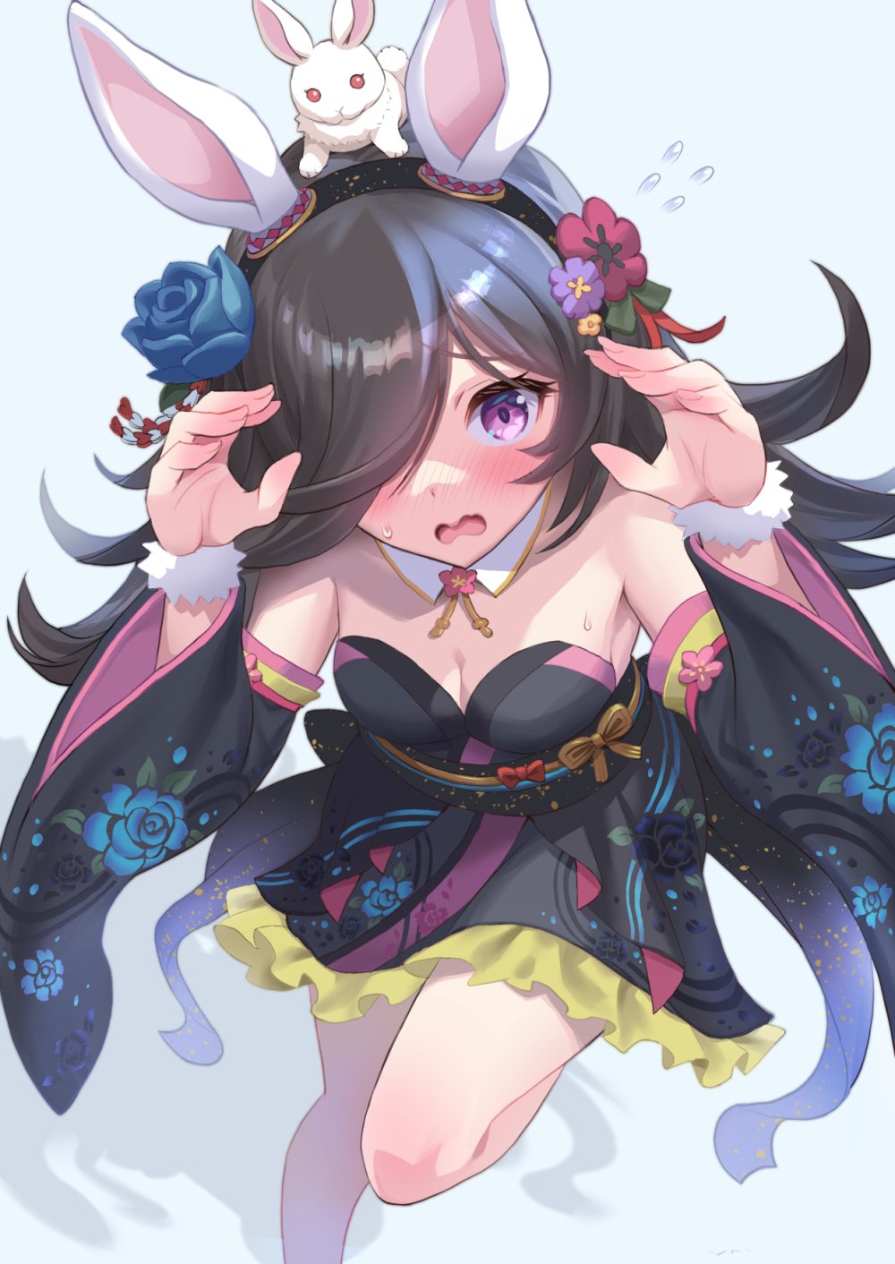 1girl, alternate_costume, animal, animal_on_head, black_hair, blush, breasts, cleavage, commentary_request, hair_over_one_eye, headband, highres, horse_girl, japanese_clothes, kimono, looking_at_viewer, on_head, purple_eyes, rabbit, rabbit_pose, rice_shower_(umamusume), sakurai_shizuku_(mimipull), simple_background, small_breasts, solo, umamusume, white_background, yukata