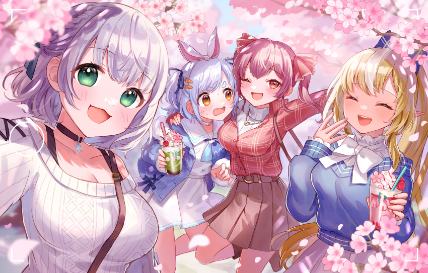 4girls, absurdres, animal_ears, blonde_hair, blue_hair, blue_ribbon, blush, bow