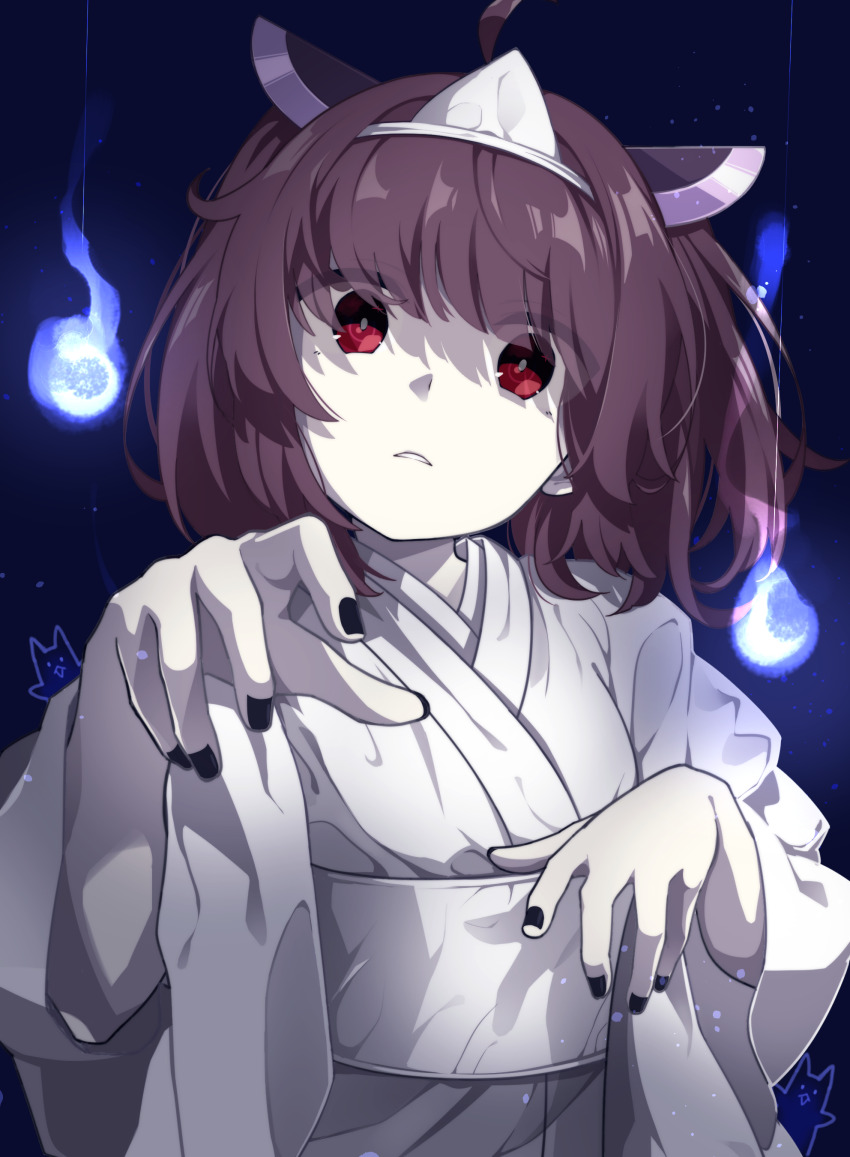 1girl, absurdres, ahoge, alternate_costume, black_nails, blade, blue_background, brown_hair